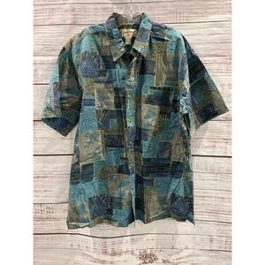 Cooke Street Honolulu Mens XL Blue Green Geometric Patchwork Cotton Aloha Shirt